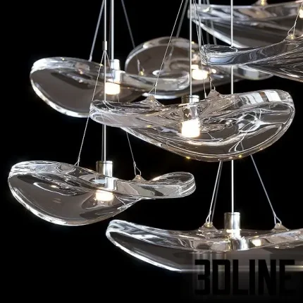 High-resolution 3D model of Terzani Manta multi-level cascading glass pendant light with curved, abstract glass shades