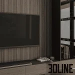 High-resolution 3D model of a luxury TV wall panel with white marble, vertical fluted wood, and integrated floating console