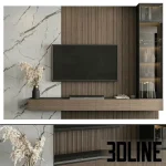 High-resolution 3D model of a luxury TV wall panel with white marble, vertical fluted wood, and integrated floating console
