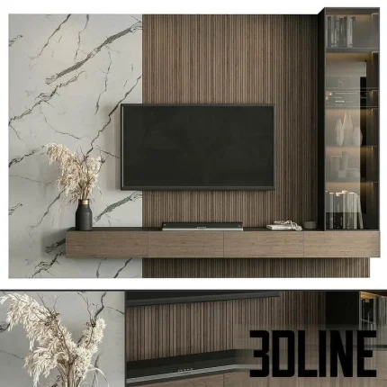 High-resolution 3D model of a luxury TV wall panel with white marble, vertical fluted wood, and integrated floating console