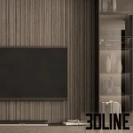 High-resolution 3D model of a luxury TV wall panel with white marble, vertical fluted wood, and integrated floating console