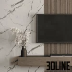 High-resolution 3D model of a luxury TV wall panel with white marble, vertical fluted wood, and integrated floating console