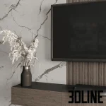 High-resolution 3D model of a luxury TV wall panel with white marble, vertical fluted wood, and integrated floating console