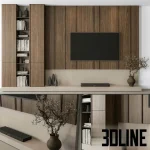High-resolution 3D model of a modern TV wall panel set with vertical wood slats, integrated shelving, and hidden storage cabinets