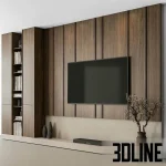 High-resolution 3D model of a modern TV wall panel set with vertical wood slats, integrated shelving, and hidden storage cabinets