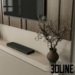 High-resolution 3D model of a modern TV wall panel set with vertical wood slats, integrated shelving, and hidden storage cabinets