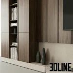 High-resolution 3D model of a modern TV wall panel set with vertical wood slats, integrated shelving, and hidden storage cabinets
