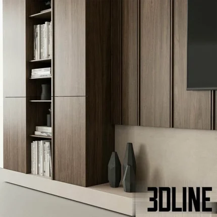 High-resolution 3D model of a modern TV wall panel set with vertical wood slats, integrated shelving, and hidden storage cabinets