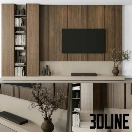 High-resolution 3D model of a modern TV wall panel set with vertical wood slats, integrated shelving, and hidden storage cabinets