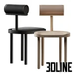 High-quality 3D model set of Una dining chairs with cylindrical leather backrest and thick wooden legs in black and natural wood