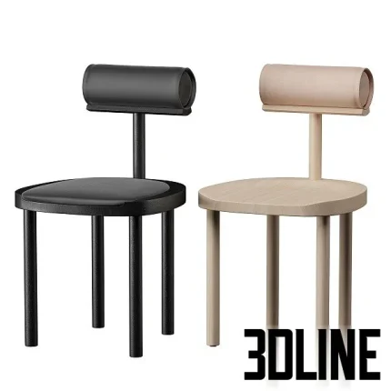 High-quality 3D model set of Una dining chairs with cylindrical leather backrest and thick wooden legs in black and natural wood