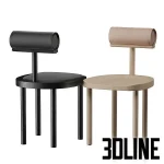High-quality 3D model set of Una dining chairs with cylindrical leather backrest and thick wooden legs in black and natural wood