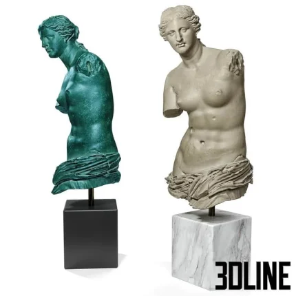 High-resolution 3D model of Venus de Milo bust statue on a marble/black pedestal base in two patina finishes