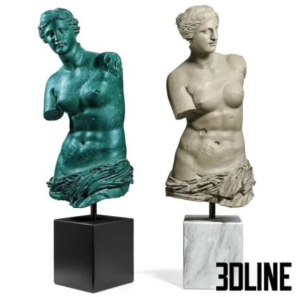 High-resolution 3D model of Venus de Milo bust statue on a marble/black pedestal base in two patina finishes