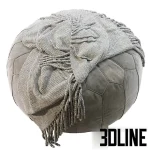 High-resolution 3D model of a vintage round Moroccan leather pouf with detailed stitching and draped knit throw blanket