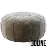 High-resolution 3D model of a vintage round Moroccan leather pouf with detailed stitching and draped knit throw blanket