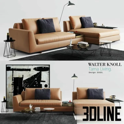 High-resolution 3D model of Walter Knoll Tama Living leather sectional sofa with chaise longue, throw pillows, and side tables