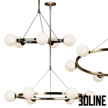 High-resolution 3D model of West Elm Hayes round chandelier with gold/brass finish and multiple opal glass globe bulbs