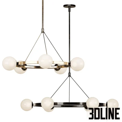 High-resolution 3D model of West Elm Hayes round chandelier with gold/brass finish and multiple opal glass globe bulbs