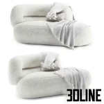 High-quality 3D model of Zelda Daybed by Essentialhome with white furry/boucle fabric upholstery and pom-pom throw blanket