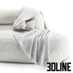 High-quality 3D model of Zelda Daybed by Essentialhome with white furry/boucle fabric upholstery and pom-pom throw blanket