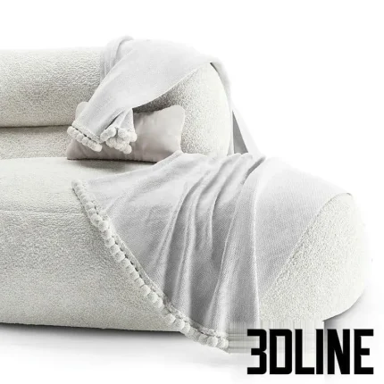 High-quality 3D model of Zelda Daybed by Essentialhome with white furry/boucle fabric upholstery and pom-pom throw blanket