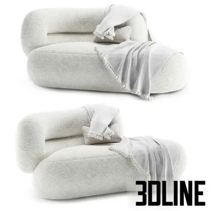High-quality 3D model of Zelda Daybed by Essentialhome with white furry/boucle fabric upholstery and pom-pom throw blanket