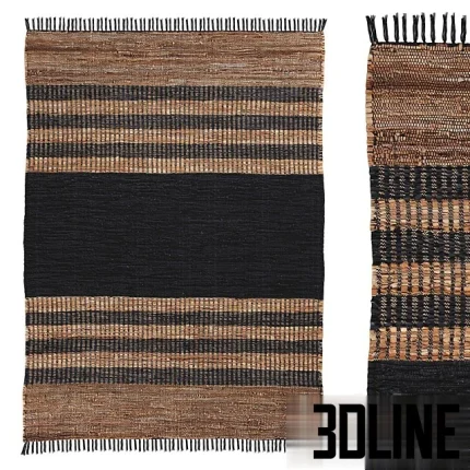 High-resolution 3D model of Zoran rectangular woven jute rug with thick black and brown stripe pattern