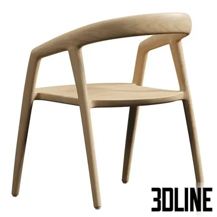 High-quality 3D model of the Maki Dining Chair, featuring a minimalist, light-toned wooden frame with smooth, curved armrests and a simple, ergonomic wooden seat.