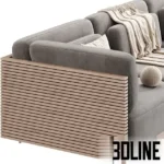 3D model set of the Caicos modular sofa in beige, olive green, and grey, featuring a distinctive wooden slat frame back and plush box cushions styled with throw blankets.