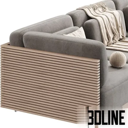3D model set of the Caicos modular sofa in beige, olive green, and grey, featuring a distinctive wooden slat frame back and plush box cushions styled with throw blankets.