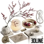 3D model of a decorative set centered around a textured white spherical vase with tall red Ilex berry branches, accompanied by a pleated glass table lamp, wooden trays with red apples, and glass candle holders.
