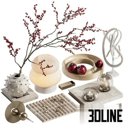 3D model of a decorative set centered around a textured white spherical vase with tall red Ilex berry branches, accompanied by a pleated glass table lamp, wooden trays with red apples, and glass candle holders.