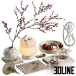 3D model of a decorative set centered around a textured white spherical vase with tall red Ilex berry branches, accompanied by a pleated glass table lamp, wooden trays with red apples, and glass candle holders.