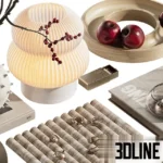 3D model of a decorative set centered around a textured white spherical vase with tall red Ilex berry branches, accompanied by a pleated glass table lamp, wooden trays with red apples, and glass candle holders.