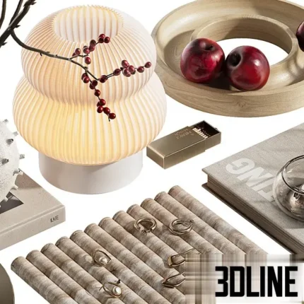 3D model of a decorative set centered around a textured white spherical vase with tall red Ilex berry branches, accompanied by a pleated glass table lamp, wooden trays with red apples, and glass candle holders.