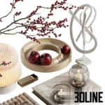 3D model of a decorative set centered around a textured white spherical vase with tall red Ilex berry branches, accompanied by a pleated glass table lamp, wooden trays with red apples, and glass candle holders.