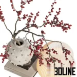 3D model of a decorative set centered around a textured white spherical vase with tall red Ilex berry branches, accompanied by a pleated glass table lamp, wooden trays with red apples, and glass candle holders.