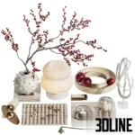 3D model of a decorative set centered around a textured white spherical vase with tall red Ilex berry branches, accompanied by a pleated glass table lamp, wooden trays with red apples, and glass candle holders.