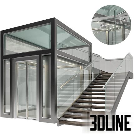 High-detail 3D model of Elevator and Stair No. 10, featuring a transparent glass elevator shaft framed in black metal, integrated with a modern staircase having wooden steps and glass railings.