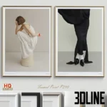 3D model set of two framed art prints featuring minimalist fashion photography in the style of Kinfolk, showing a woman in a white dress and black skirt, with multiple frame material options.