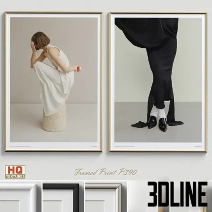 3D model set of two framed art prints featuring minimalist fashion photography in the style of Kinfolk, showing a woman in a white dress and black skirt, with multiple frame material options.