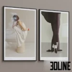 3D model set of two framed art prints featuring minimalist fashion photography in the style of Kinfolk, showing a woman in a white dress and black skirt, with multiple frame material options.