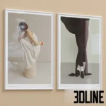 3D model set of two framed art prints featuring minimalist fashion photography in the style of Kinfolk, showing a woman in a white dress and black skirt, with multiple frame material options.