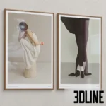 3D model set of two framed art prints featuring minimalist fashion photography in the style of Kinfolk, showing a woman in a white dress and black skirt, with multiple frame material options.