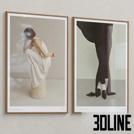 3D model set of two framed art prints featuring minimalist fashion photography in the style of Kinfolk, showing a woman in a white dress and black skirt, with multiple frame material options.