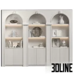 3D model of a modern classic white shelving unit featuring three arched niches with LED lighting, fluted bottom cabinets, and styled with monochrome vases and books.