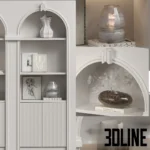 3D model of a modern classic white shelving unit featuring three arched niches with LED lighting, fluted bottom cabinets, and styled with monochrome vases and books.