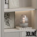 3D model of a modern classic white shelving unit featuring three arched niches with LED lighting, fluted bottom cabinets, and styled with monochrome vases and books.
