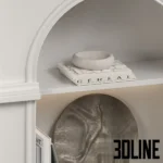 3D model of a modern classic white shelving unit featuring three arched niches with LED lighting, fluted bottom cabinets, and styled with monochrome vases and books.